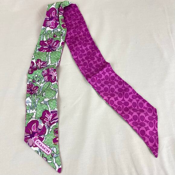 Coach Signature Skinny Scarf Purse Piny Tail Tie Purple Pink Green Floral - Picture 7 of 8